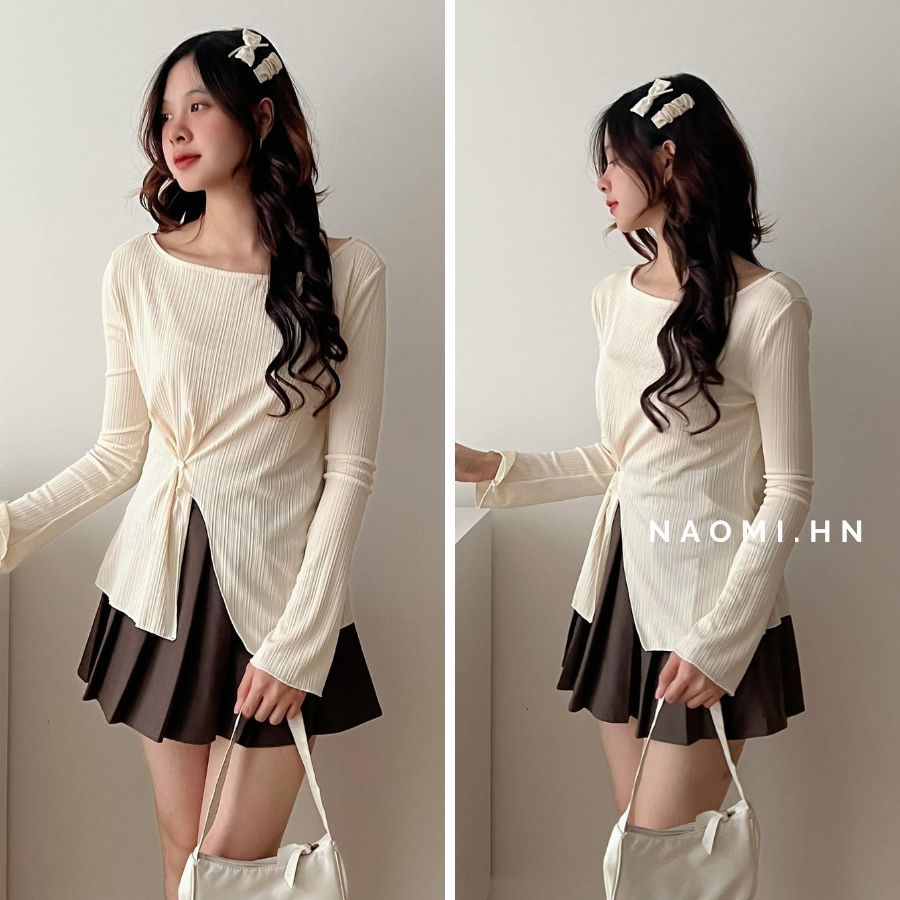 Áo phông gân dài tay trễ vai basic xẻ buộc khuy eo. Áo thun dài tay sang chảnh xẻ tà 4 màu hothit