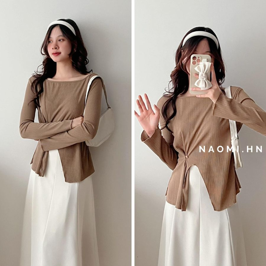 Áo phông gân dài tay trễ vai basic xẻ buộc khuy eo. Áo thun dài tay sang chảnh xẻ tà 4 màu hothit