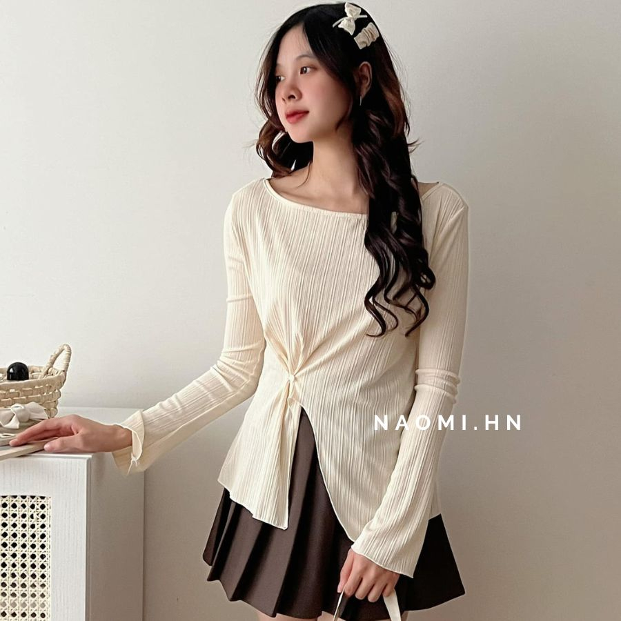 Áo phông gân dài tay trễ vai basic xẻ buộc khuy eo. Áo thun dài tay sang chảnh xẻ tà 4 màu hothit