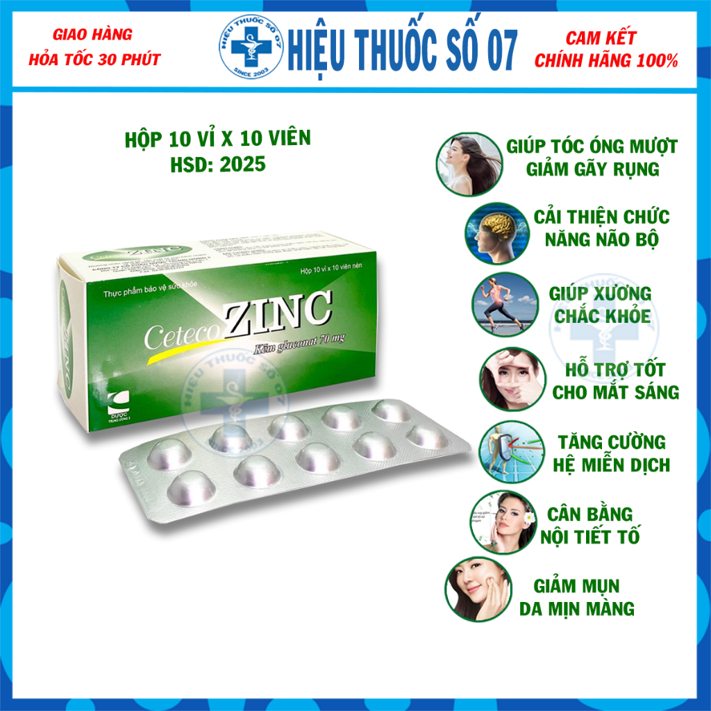 Kích mọc tóc, Thực phẩm chức năng, Kẽm cho bé, kẽm Zinc gluconate 70mg (Set 10 vỉ x 10 viên)