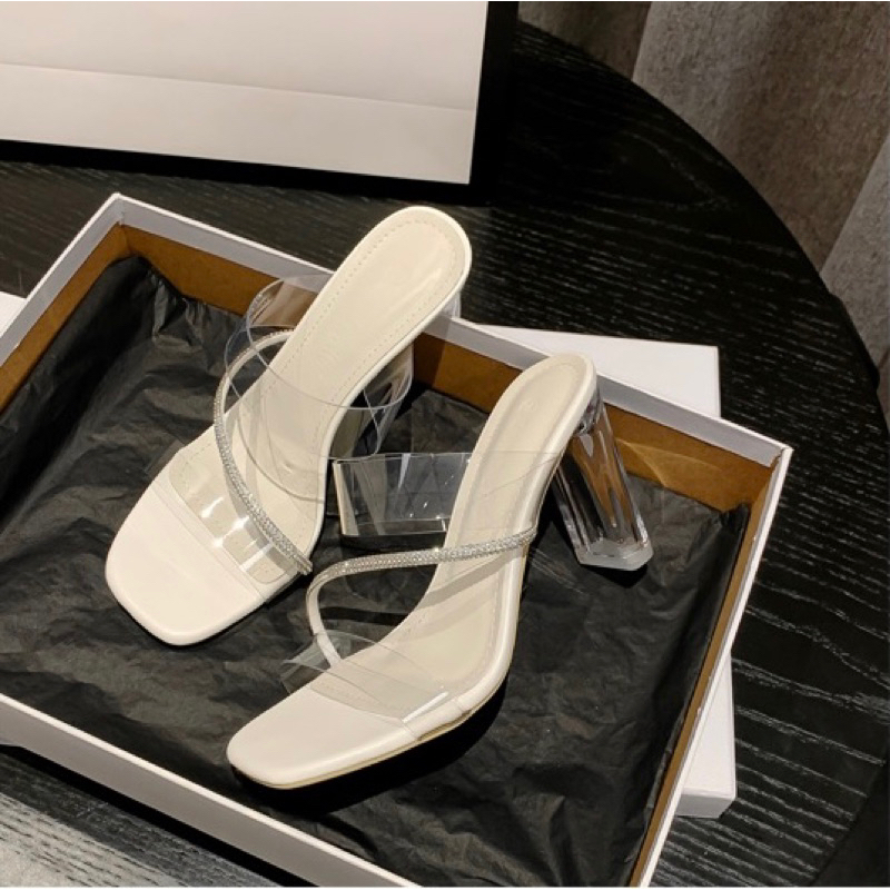 Guốc cao gót nữ quai trong phối dây đá 7p đế vuông trong suốt siêu xinh THÚY GIÀY VINA STORE mã K22