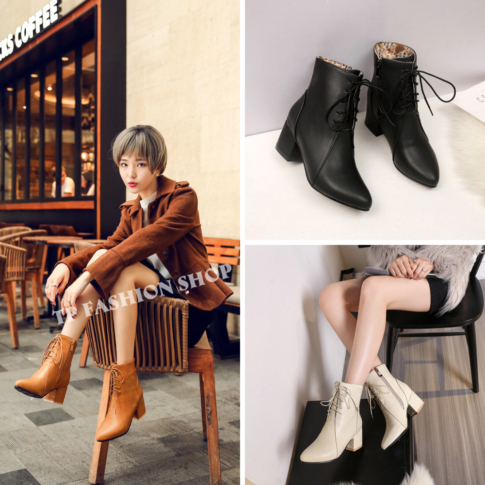Giày boot nữ cổ ngắn cột dây gót vuông 6cm màu ĐEN/ TRẮNG/ NÂU - MŨI NHỌN, đi chơi, đi tiệc, đi bộ n