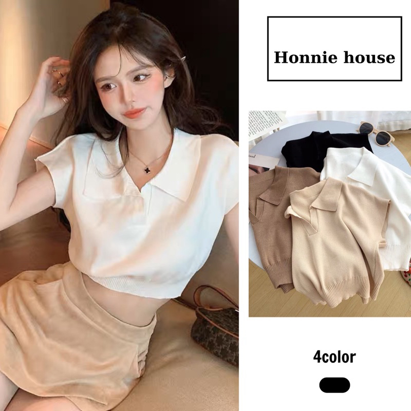 áo len cổ V bẻ croptop tay hến qc