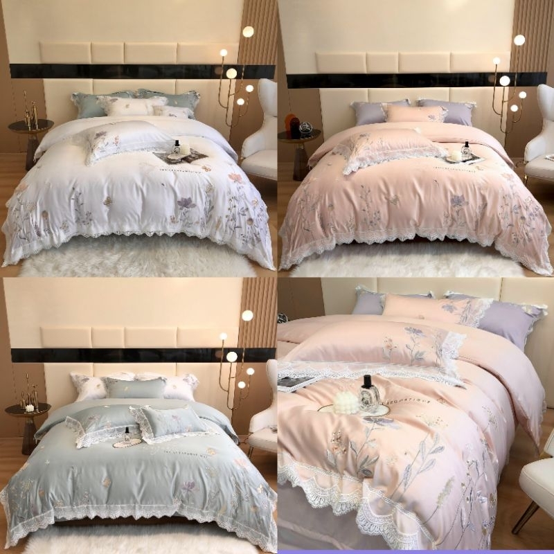 Bộ chăn ga lụa silk 4 món mềm mại thêu hoa