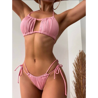 Set bikini hai mảnh vân sọc dọc khoét vuông ngực cột dây Y2K - BIVO SET
