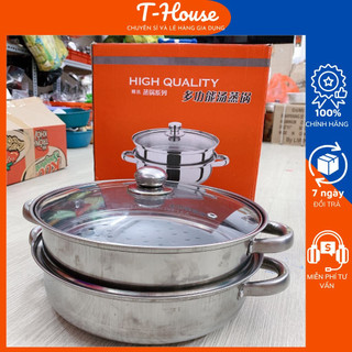 Nồi hấp đa năng 2 tầng, bộ xửng hấp inox 28cm nắp vun kính tiện lợi, nồi hấp bánh Flan
