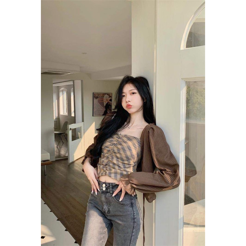 Set Áo Lưới cdg mỏng tay dài + Áo hai dây hoạ tiết hàng QC có sẵn