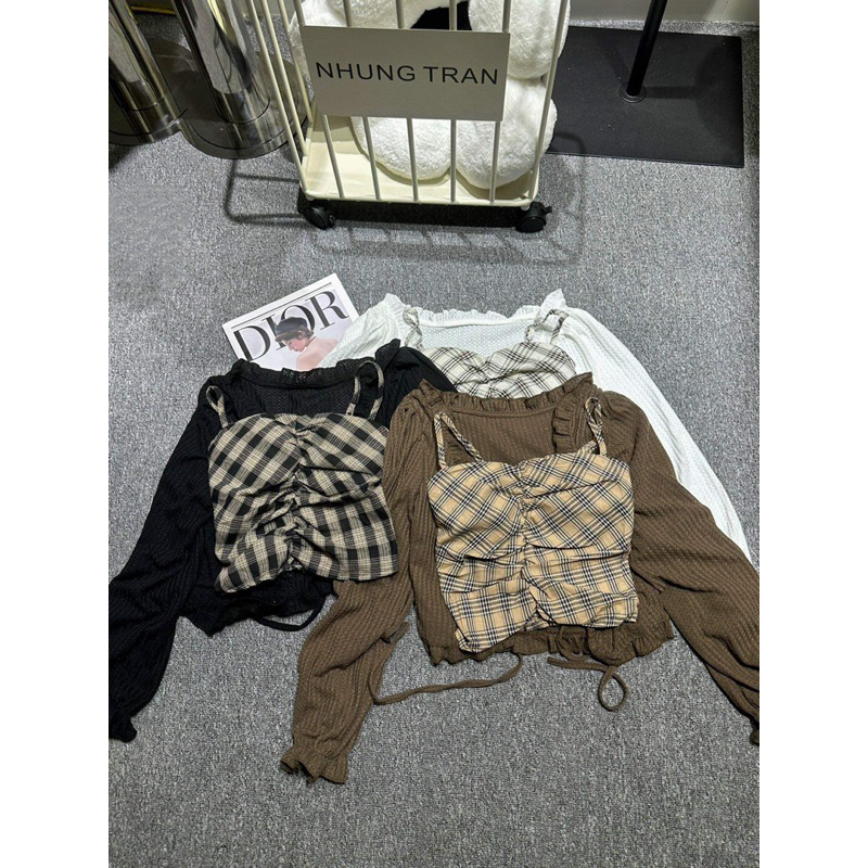 Set Áo Lưới cdg mỏng tay dài + Áo hai dây hoạ tiết hàng QC có sẵn