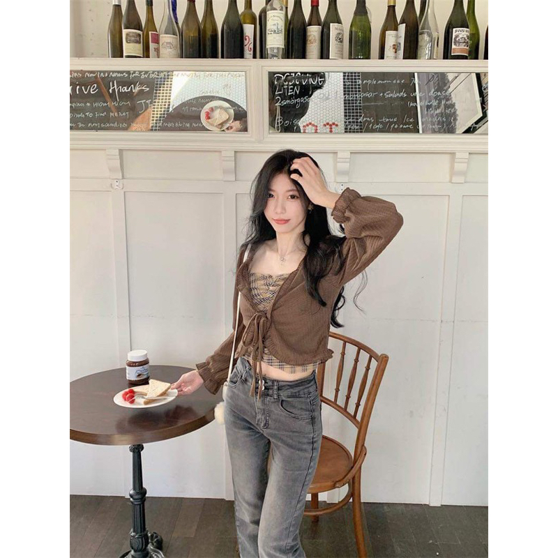 Set Áo Lưới cdg mỏng tay dài + Áo hai dây hoạ tiết hàng QC có sẵn