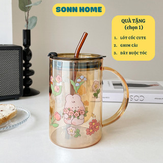 Cốc thuỷ tinh lớn 1000ml có nắp và ống hút chịu nhiệt tốt, ly thuỷ tinh cao cấp họa tiết dễ thương