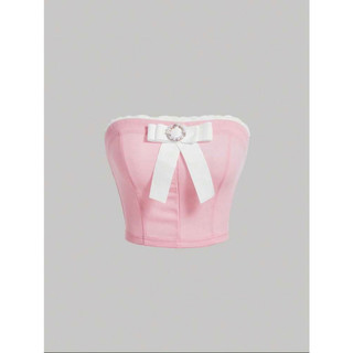Áo croptop quây ngang hồng baby đính nơ y2k - pily top