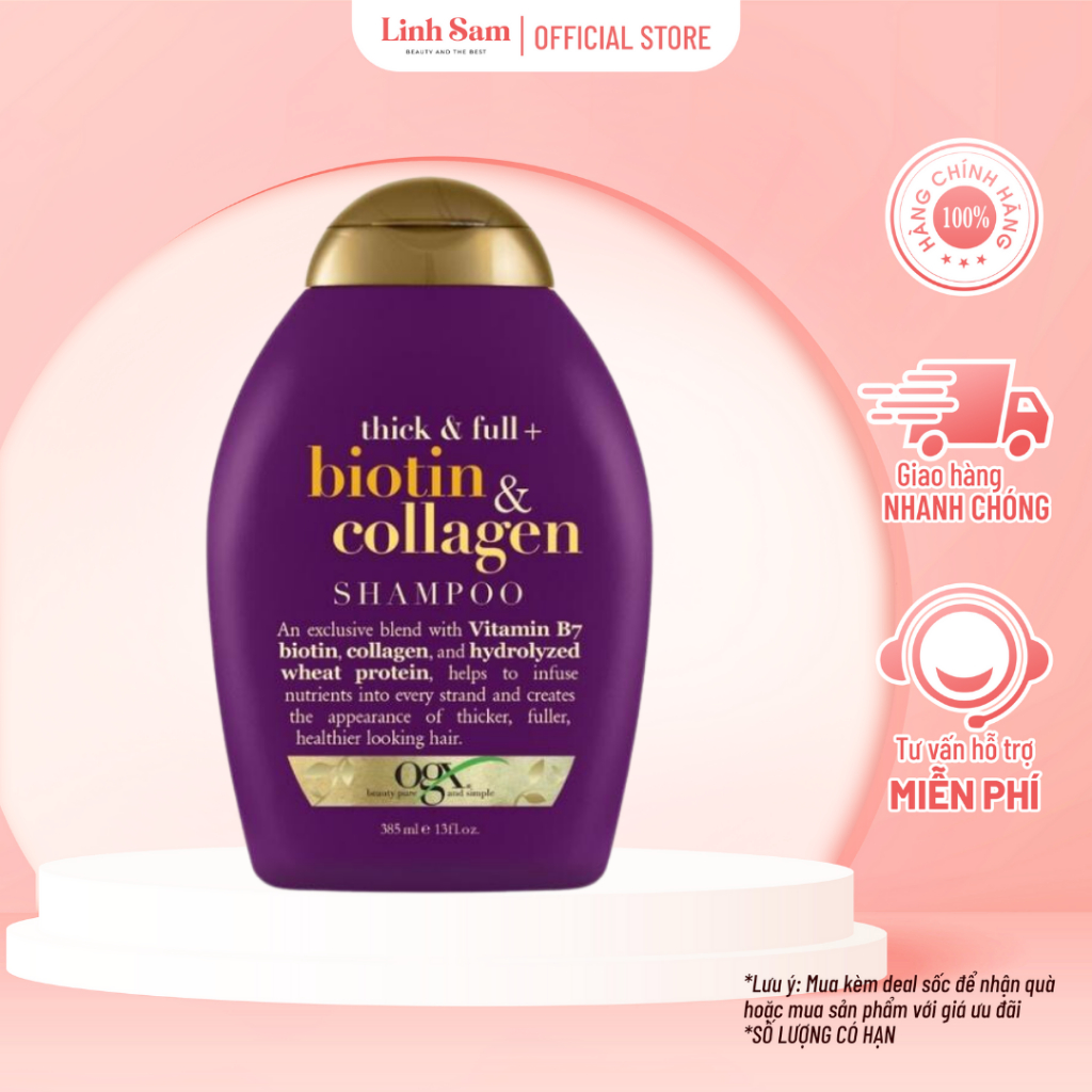 Dầu Gội Đầu Làm Dày Tóc, Dưỡng Tóc Bồng Bềnh Chắc Khoẻ OGX Thick & Full + Biotin & Collagen Shampoo 385ml
