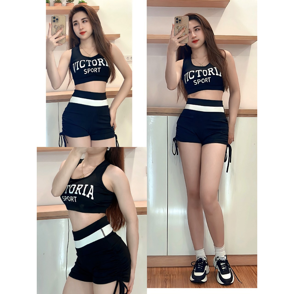 Đồ tập gym nữ, bộ tập gym erobic nữ áo VICTORIA quần rút dây 2 sường