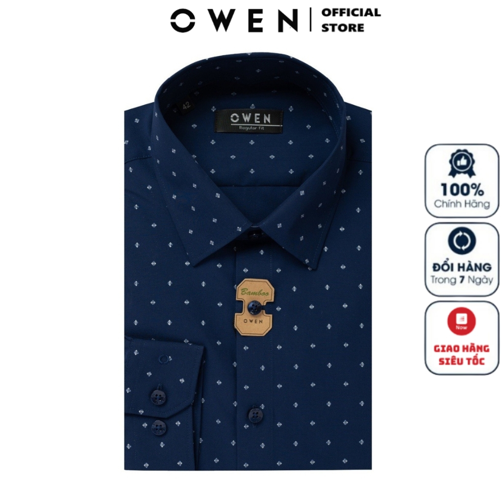 Áo sơ mi dài tay nam OWEN AR230291DT công sở vải sợi tre cao cấp màu navy in xanh dáng regular fit tà lượn không túi