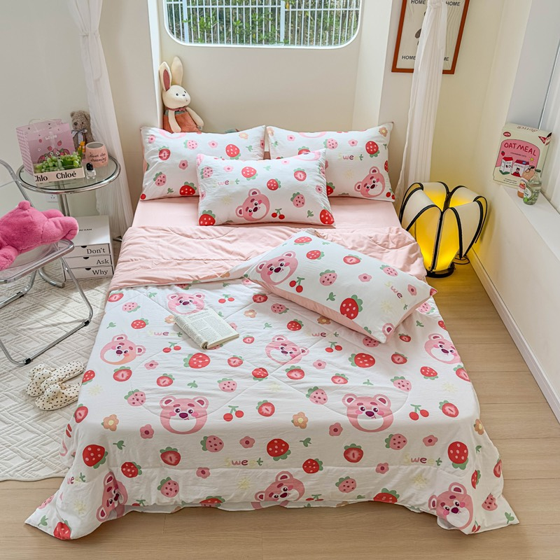 Bộ Chăn Ga Gối Cotton Đũi Bánh Bèo Xinh Xắn Đáng Yêu Chăn Chần Bông