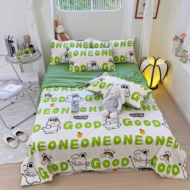 Bộ Chăn Ga Gối Cotton Đũi Bánh Bèo Xinh Xắn Đáng Yêu Chăn Chần Bông