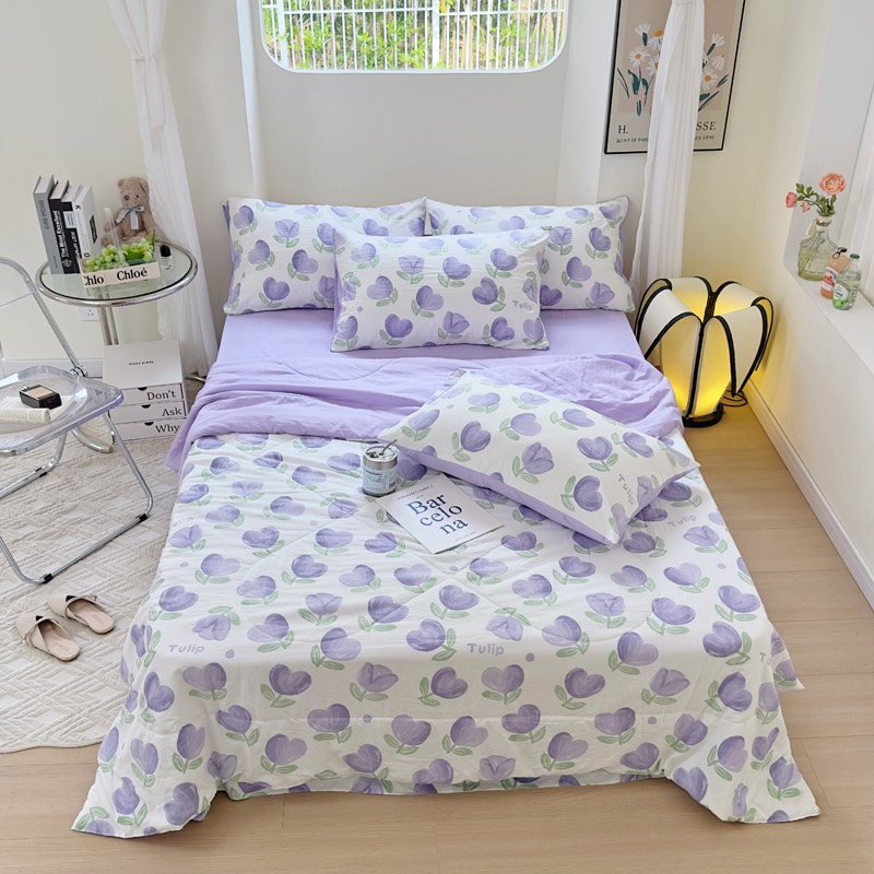 Bộ Chăn Ga Gối Cotton Đũi Bánh Bèo Xinh Xắn Đáng Yêu Chăn Chần Bông