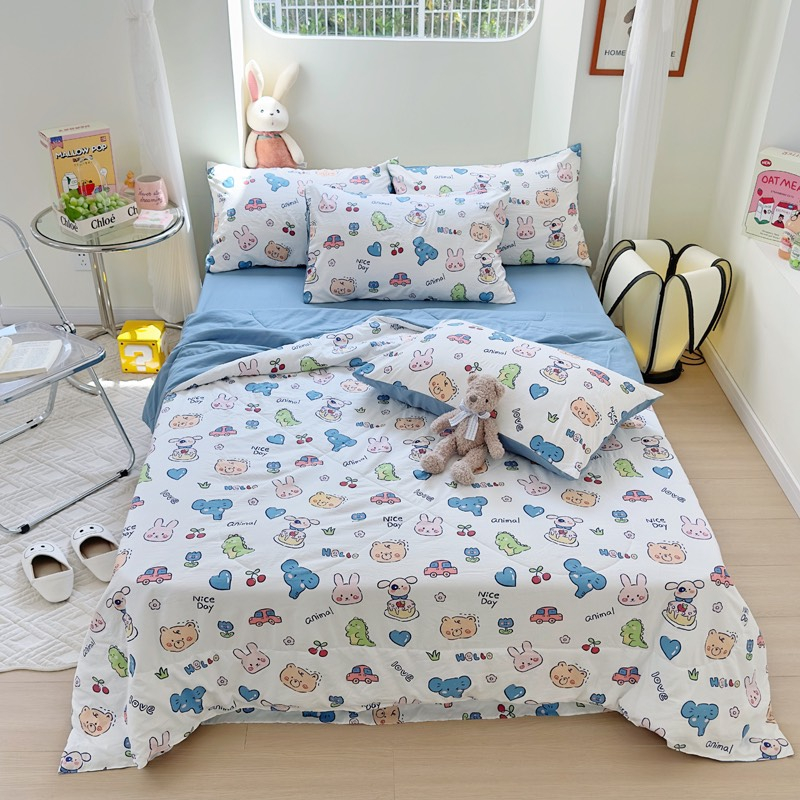 Bộ Chăn Ga Gối Cotton Đũi Bánh Bèo Xinh Xắn Đáng Yêu Chăn Chần Bông