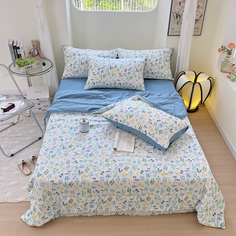 Bộ Chăn Ga Gối Cotton Đũi Bánh Bèo Xinh Xắn Đáng Yêu Chăn Chần Bông