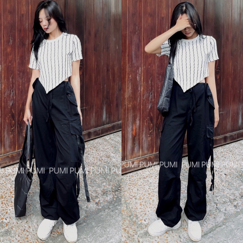 Quần suông túi hộp kaki lưng rút dây túi nắp tròn 2 bên ống rút dây phối dây ngay túi 5 màu freesize Pumi 14447