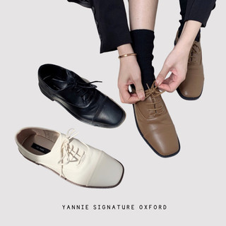 Giày oxford buộc dây mũi vuông da lì mềm đen nâu kem vintage dễ phối đồ Hàn Quốc Yannie Lolita