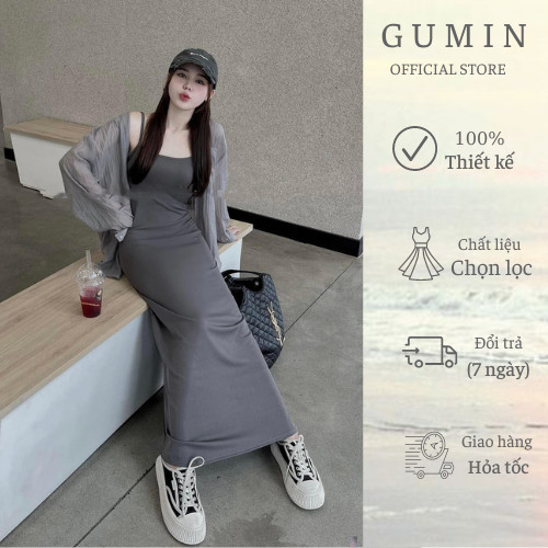 Set đồ hai dây GUMIN dáng dài kèm áo sơ mi tơ hàng đẹp cao cấp, Váy 2 dây chất tăm dáng maxi tiểu thư