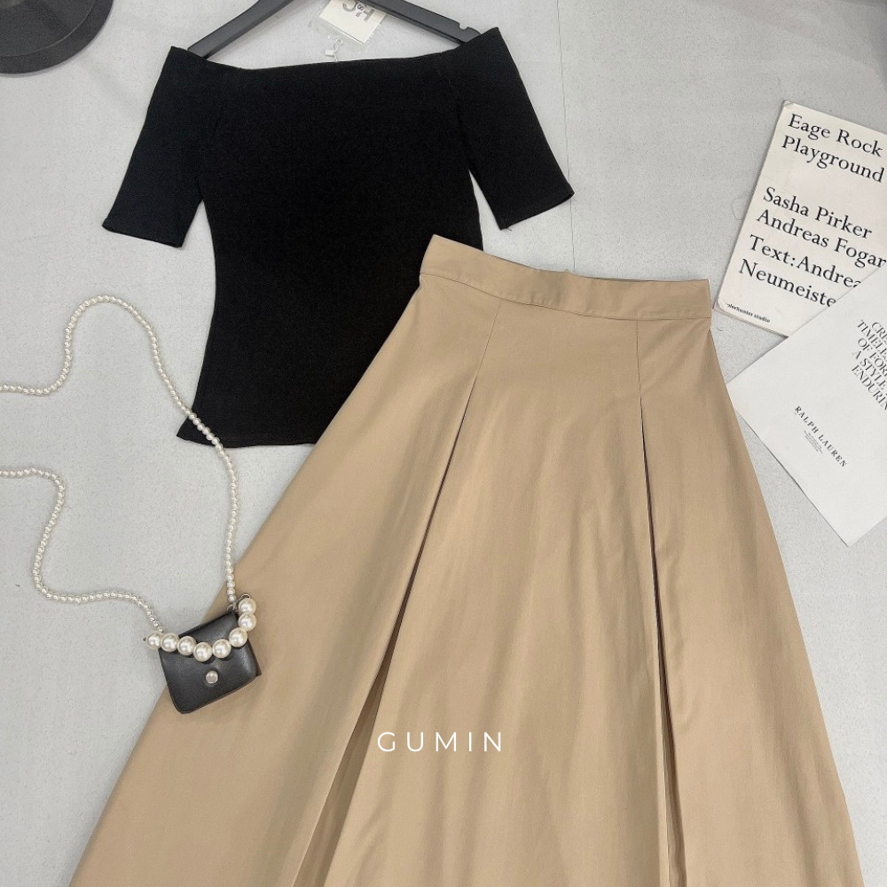 Set dự tiệc thu đông GUMIN trễ vai tiểu thư kèm chân váy kaki xòe dài trẻ đẹp thích hợp công sở, hẹn hò