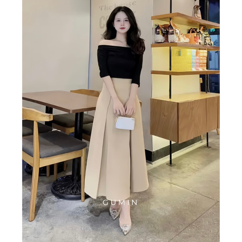 Set dự tiệc thu đông GUMIN trễ vai tiểu thư kèm chân váy kaki xòe dài trẻ đẹp thích hợp công sở, hẹn hò