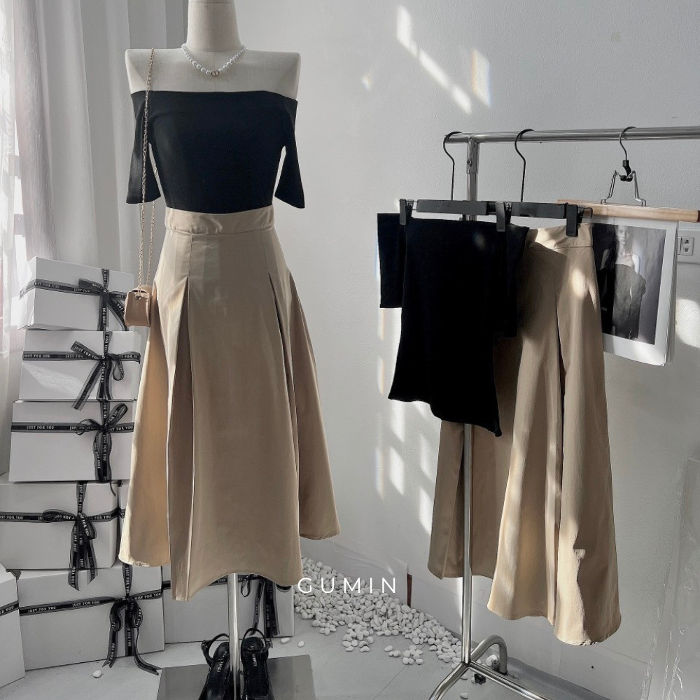 Set dự tiệc thu đông GUMIN trễ vai tiểu thư kèm chân váy kaki xòe dài trẻ đẹp thích hợp công sở, hẹn hò