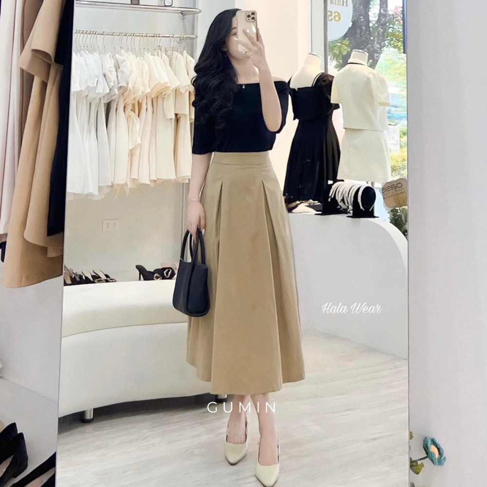 Set dự tiệc thu đông GUMIN trễ vai tiểu thư kèm chân váy kaki xòe dài trẻ đẹp thích hợp công sở, hẹn hò