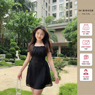 Đầm voan nhún 34DA008 34 Bigsize thời trang nữ đầm voan tiểu thư, thắt eo phối dây dễ thương từ 50kg đến 75kg