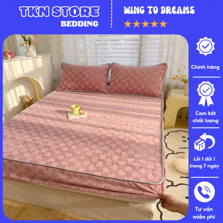 Bộ ga gối nỉ tuyết gấu in chìm chất liệu mềm mại siêu cute , Bộ 3 món ga gối nỉ bo chun bọc đệm tới 25cm mẫu mới 2023
