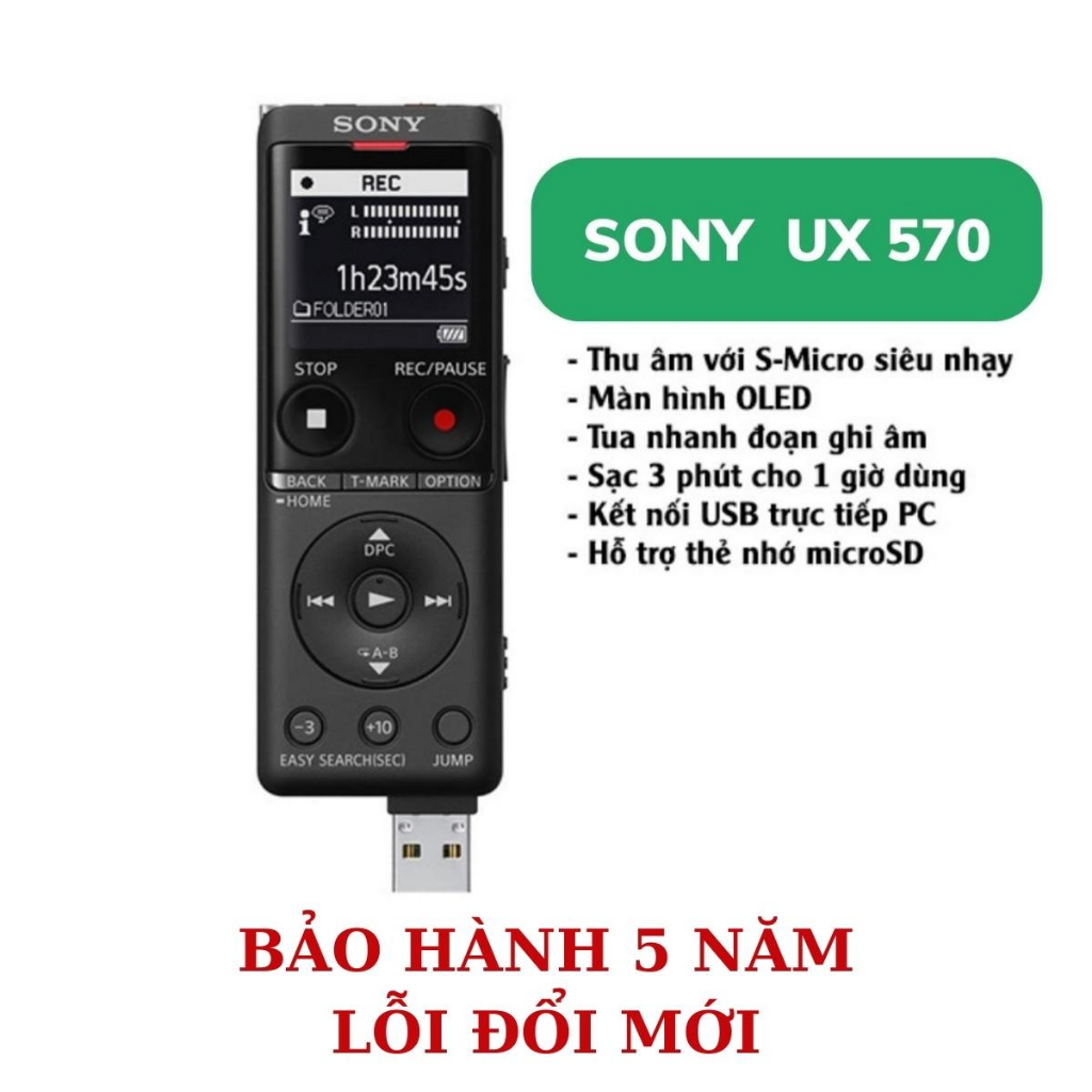 Máy ghi âm chuyên nghiệp SONY UX-570 Chính Hãng, tính năng ghi âm thông minh khi có tiếng động Bảo hành 5 năm