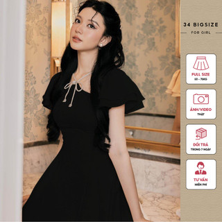 Đầm cổ yếm 34DA005 34 BIGSIZE tay tiên cổ phối dây đá, đầm dự tiệc bigsize tay ngắn dễ thương