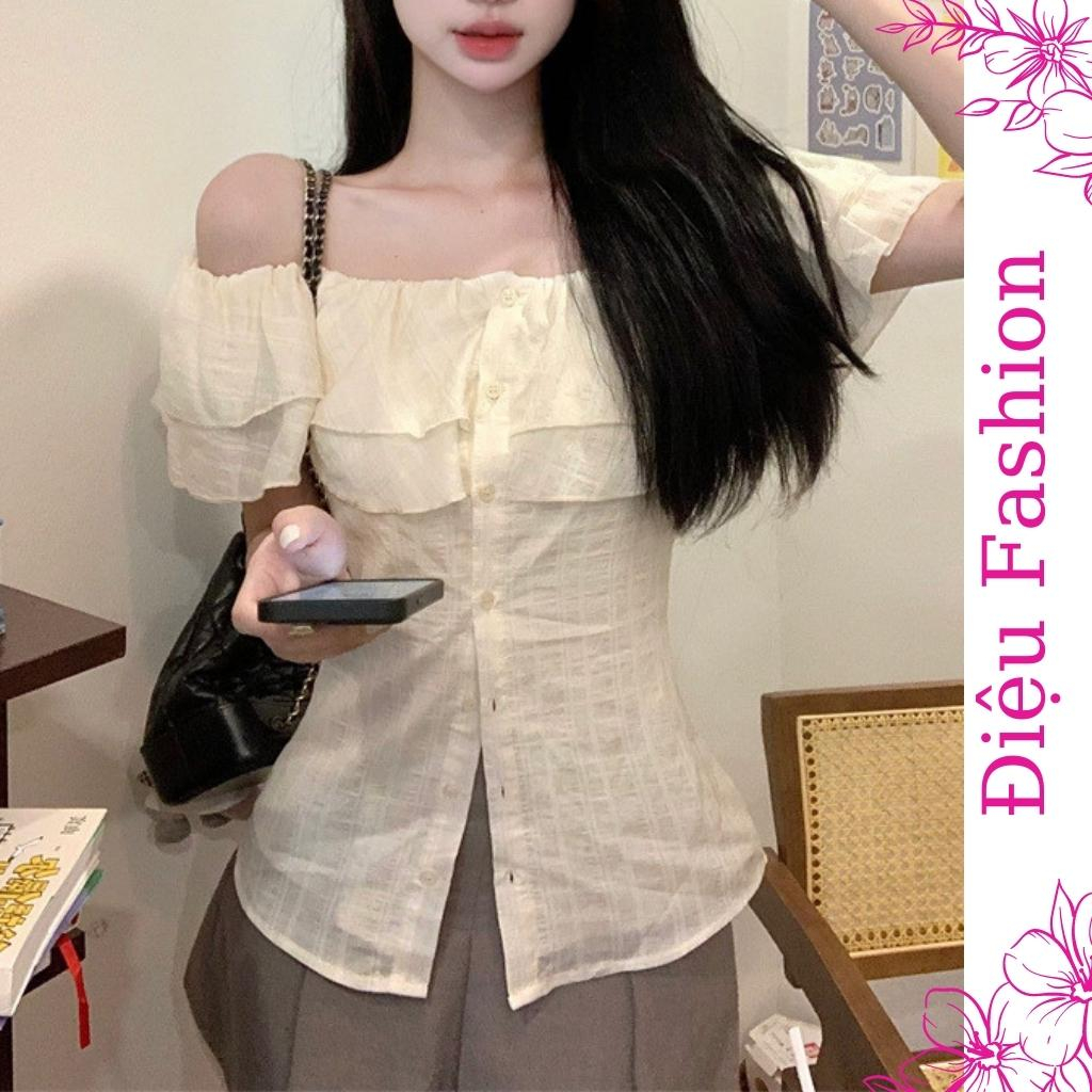 Áo trễ vai nữ ngắn tay viền bèo chiếc eo Điệu Fashion, Áo kiểu nữ chất lụa thô phong cách nữ tính - A33