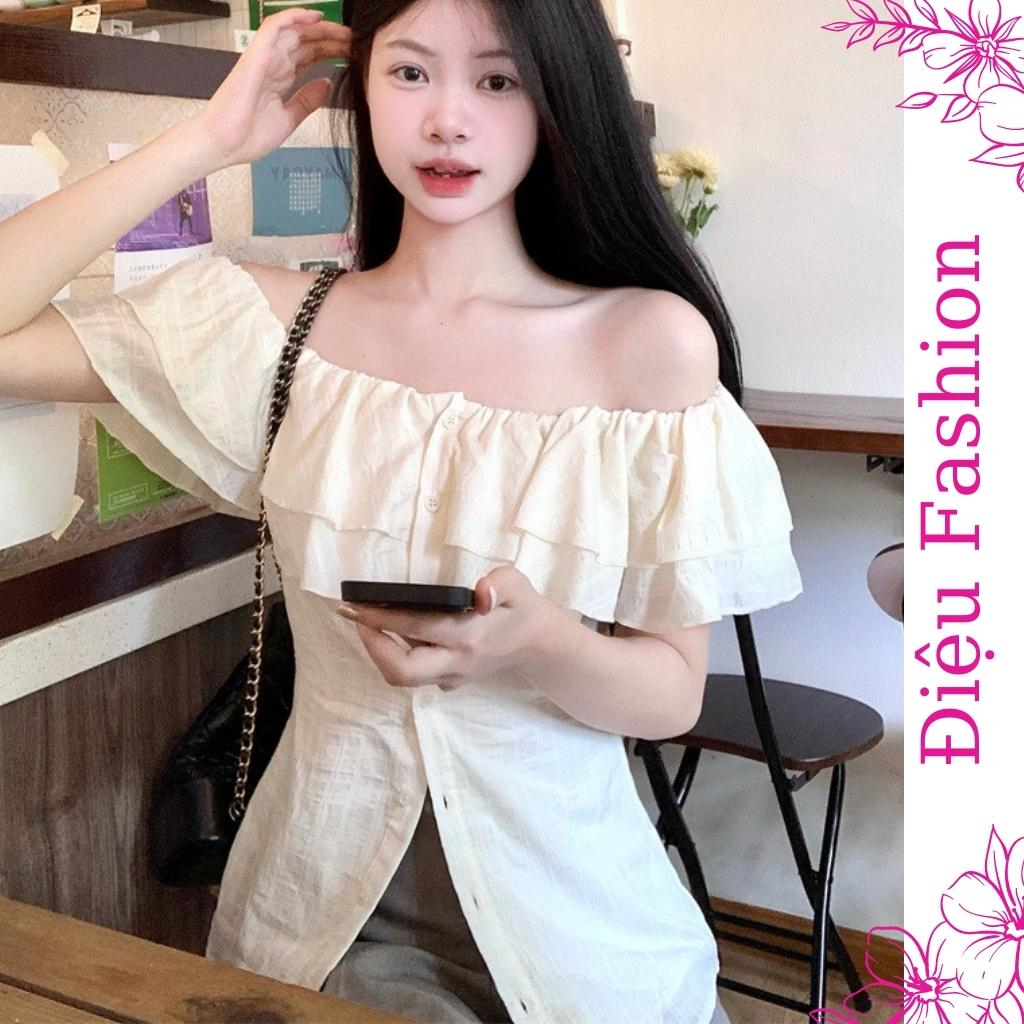 Áo trễ vai nữ ngắn tay viền bèo chiếc eo Điệu Fashion, Áo kiểu nữ chất lụa thô phong cách nữ tính - A33