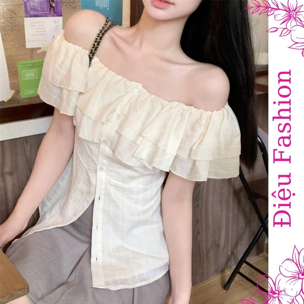 Áo trễ vai nữ ngắn tay viền bèo chiếc eo Điệu Fashion, Áo kiểu nữ chất lụa thô phong cách nữ tính - A33