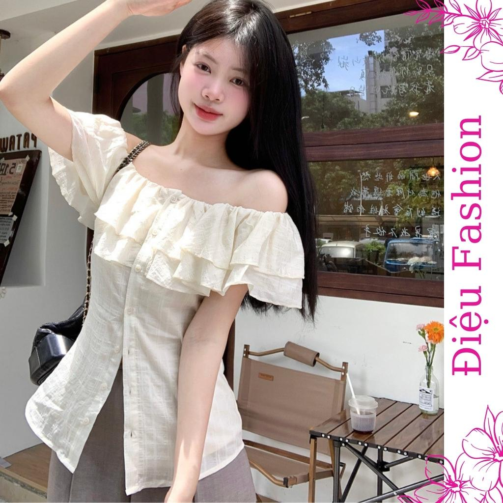Áo trễ vai nữ ngắn tay viền bèo chiếc eo Điệu Fashion, Áo kiểu nữ chất lụa thô phong cách nữ tính - A33