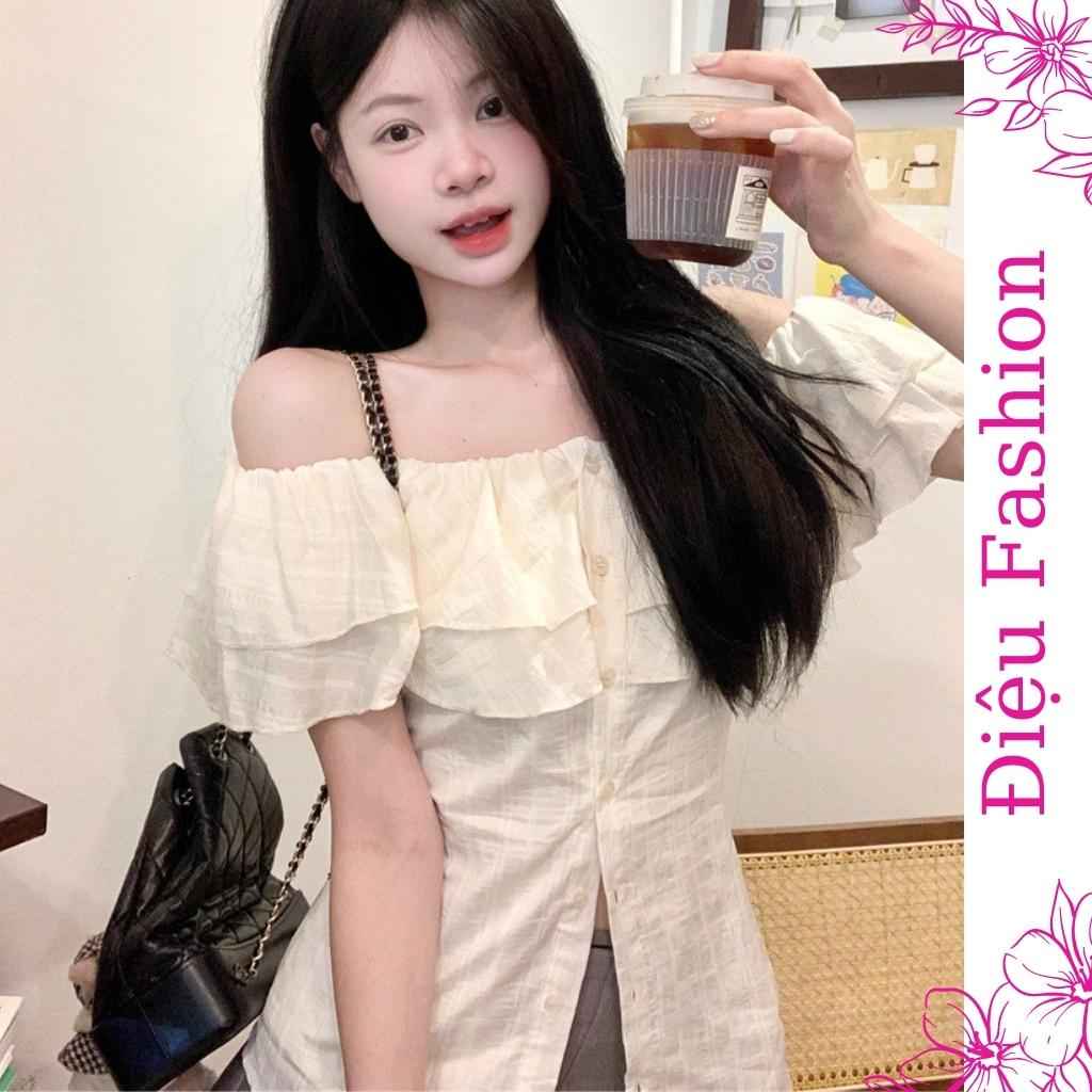 Áo trễ vai nữ ngắn tay viền bèo chiếc eo Điệu Fashion, Áo kiểu nữ chất lụa thô phong cách nữ tính - A33