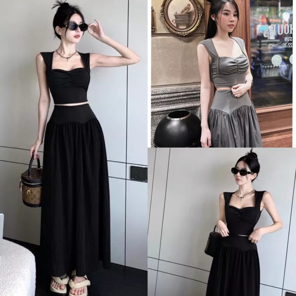Set chân váy xòe dáng dài thanh lịch mix áo croptop hai dây bảng to cổ vuông chất thun dẻo lạnh