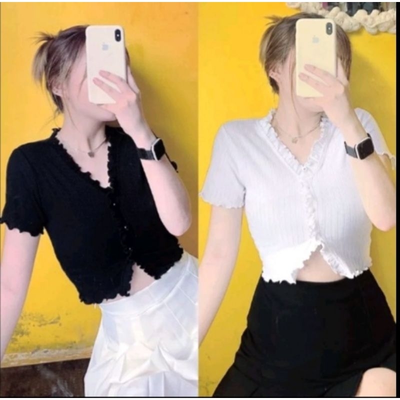 Áo croptop bánh bào viền đẹp ,trắng, đen .Tặng kèm quà