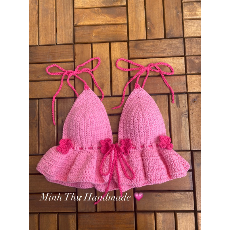 Áo len móc cúp ngực phối màu hồng baby LONA Crochet top by Minh Thư Handmade