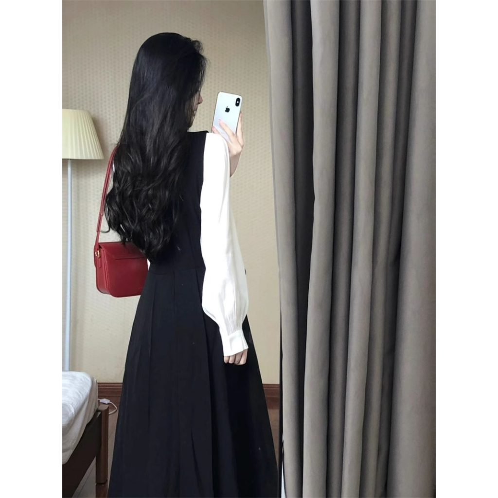 Bộ đồ hai dây váy hai dây eo xếp ly ảnh thật kiểu Pháp và áo sơ mi dài tay cao cổ áo sơ mi tay bồng