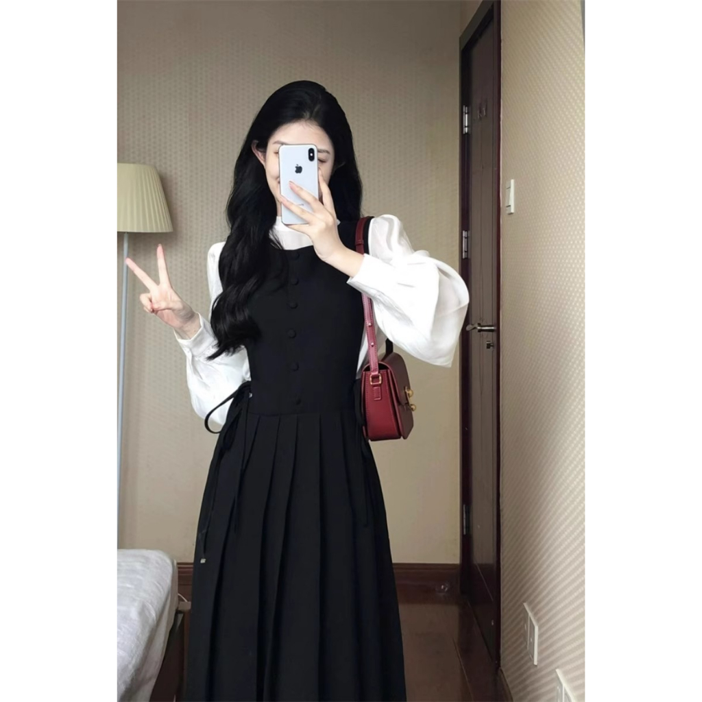 Bộ đồ hai dây váy hai dây eo xếp ly ảnh thật kiểu Pháp và áo sơ mi dài tay cao cổ áo sơ mi tay bồng