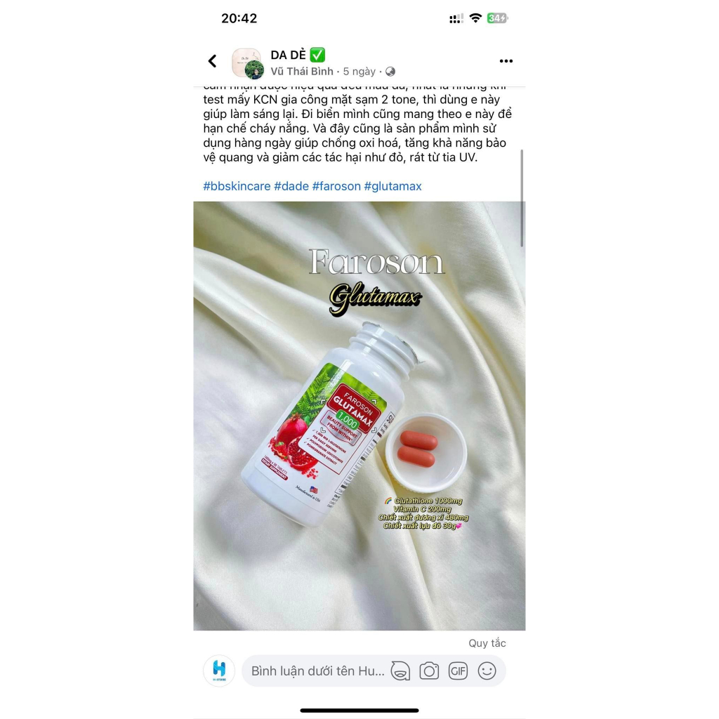 Viên Uống Trắng Da Chống Nắng Farason Glutamax 1000 30viên