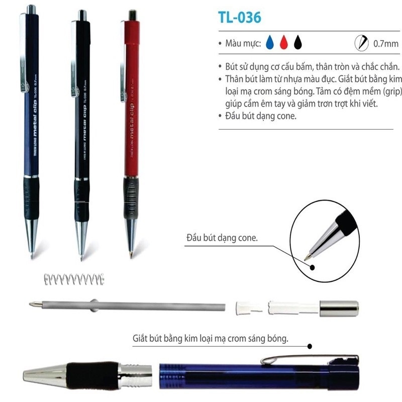 Hộp 20 Bút Bi Thiên Long TL-036 Nét 0.7mm Mực Xanh Đen Viết Cực Thích