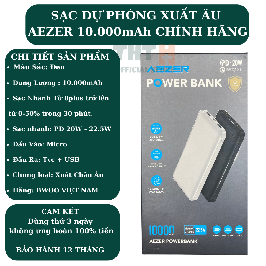 Pin sạc dự phòng 10.000mAh PD 22.5W Chính Hãng AEZER Sạc nhanh cho mọi dòng máy iphone samsung oppoxiaomi