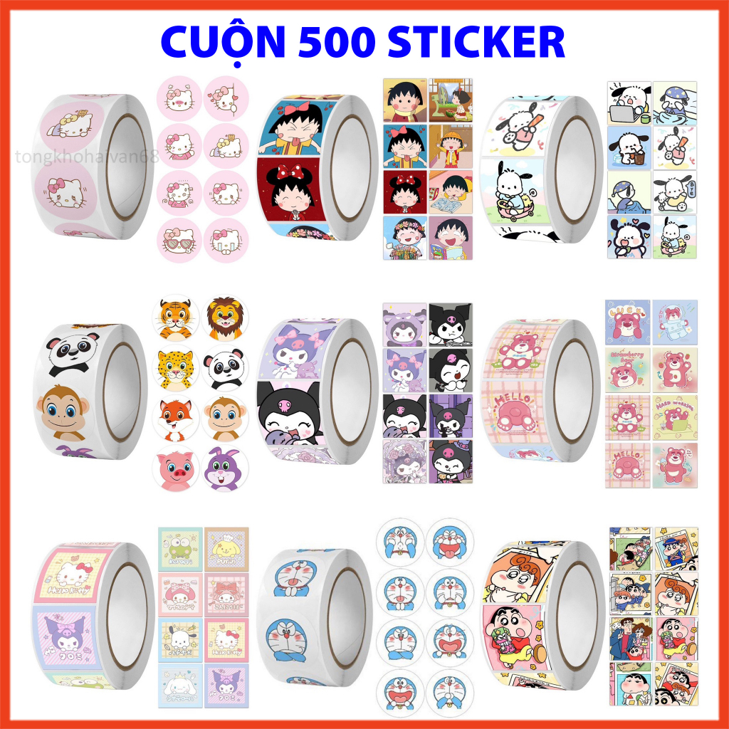 Cuộn 500 sticker khen thưởng hoạt hình ngộ nghĩnh, tem dán sticker thank you gói hàng nhiều mẫu mã cute lựa chọn