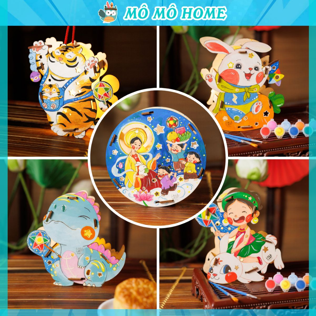 Đèn lồng gỗ Lalamoon bộ kit tự làm đèn Trung thu kèm sẵn màu và đèn đồ chơi thủ công Mô Mô Home