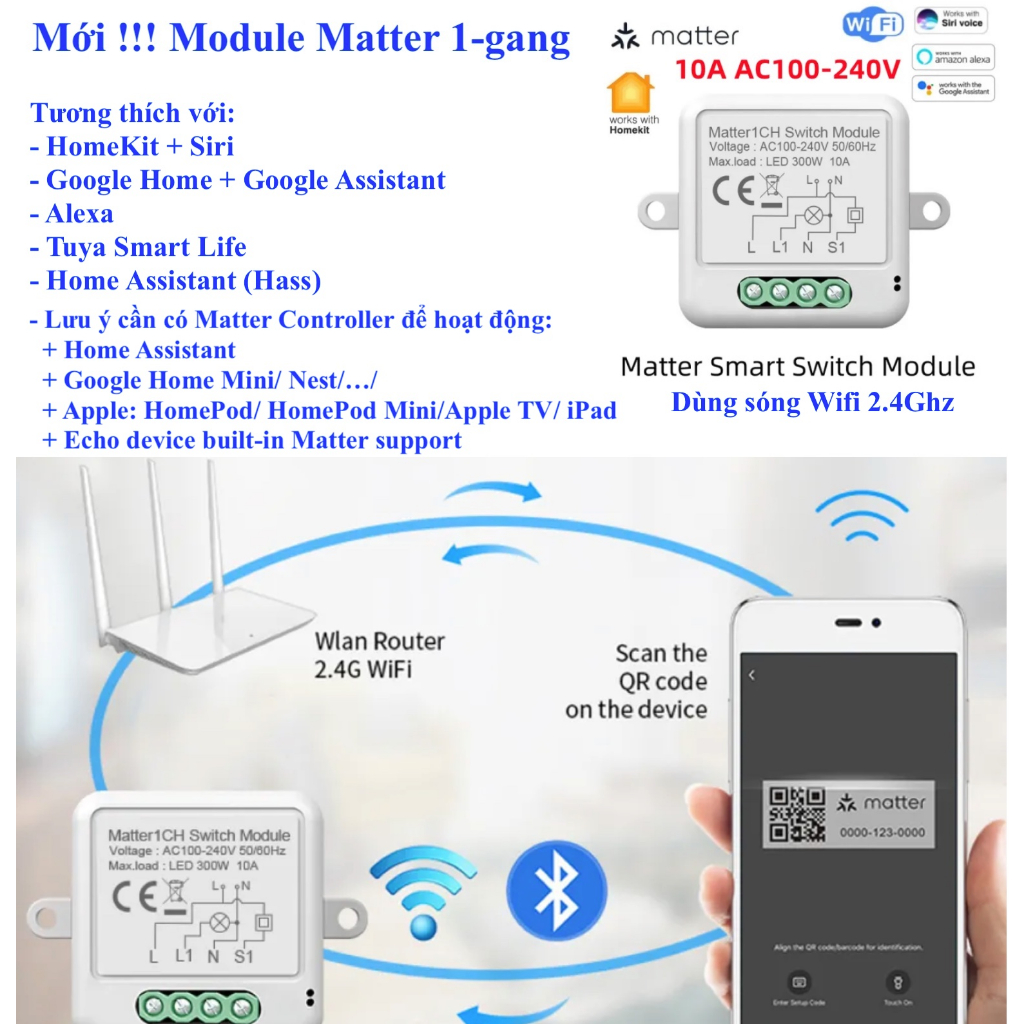 Module thông minh, đo công suất, Matter / Zigbee / Wifi, App Smart Life/ Tuya Smart /Home Assistant (Hass)/ HomeKit -